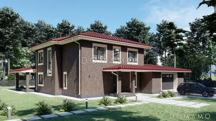 Проект двухэтажного дома с гаражом на две машины в стиле Райт S-234