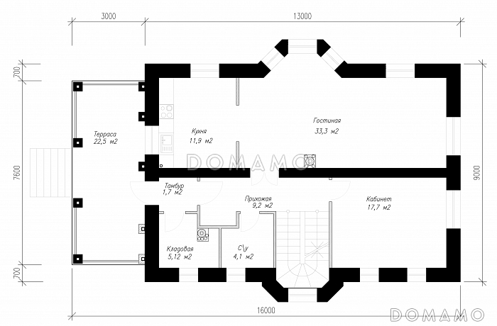 Проект  коттеджа с подвалом и террасой / План 1 этажа Проект  коттеджа с подвалом и террасой / План 1 этажа