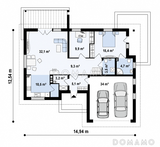 Проект одноэтажного мансардного дома из кирпича с гостевой спальней и кабинетом на первом этаже и встроенным гаражом / План 1 этажа