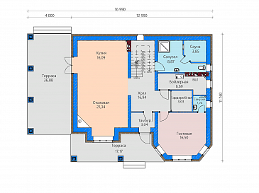 Проект загородного дома с террасами, детской и гостевой с эркером, сауной, просторной гардеробной на втором этаже  / План 1 этажа