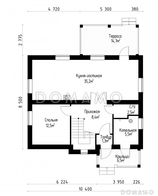 Проект коттеджа из газобетона в стиле шале / План 1 этажа