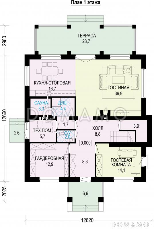 Проект трехэтажного загородного дома из газобетона / План 1 этажа