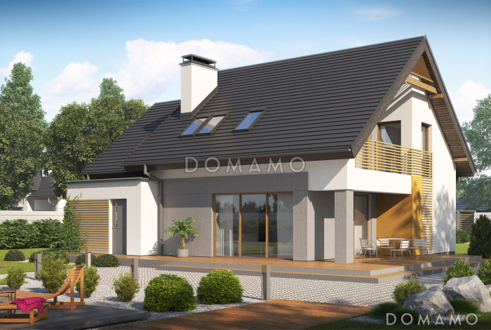 Проект одноэтажного мансардного дома из газобетона с большой гостиной, гаражом и частично крытой террасой Проект одноэтажного мансардного дома из газобетона с большой гостиной, гаражом и частично крытой террасой