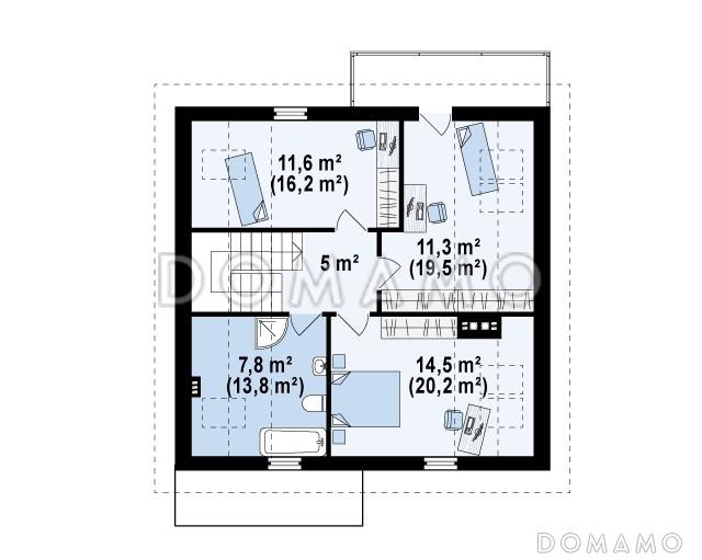 Проект одноэтажного мансардного дома из газобетона с гостевой комнатой на первом этаже и балконом над террасой / План мансардного этажа