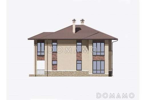 Проект двухэтажного газобетонного загородного дома с просторной гостиной-столовой и четырьмя спальнями / Фасад 1