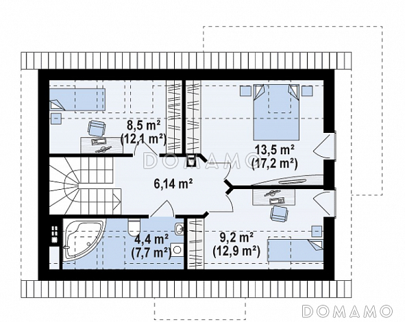 Проект одноэтажного мансардного дома из газобетона с угловым окном в кухонной зоне и кабинетом / План мансардного этажа
