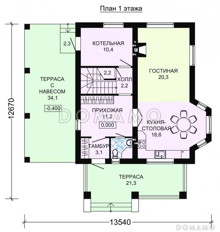 Проект дома из пеноблоков с мансардой и навесом для автомобиля / План 1 этажа