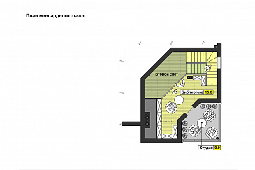 Проект квадратного загородного дома с большой гостиной, кухней-столовой, двумя террасам, комнатой с видовым окном / План мансардного этажа Проект квадратного загородного дома с большой гостиной, кухней-столовой, двумя террасам, комнатой с видовым окном / План мансардного этажа