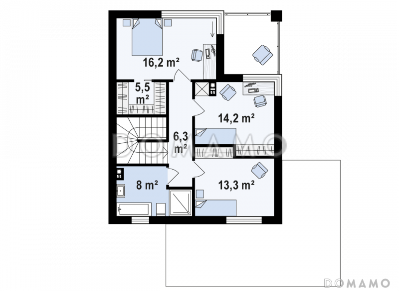 Проект компактного двухэтажного дома из газобетона с гаражом на два автомобиля  / План 2 этажа