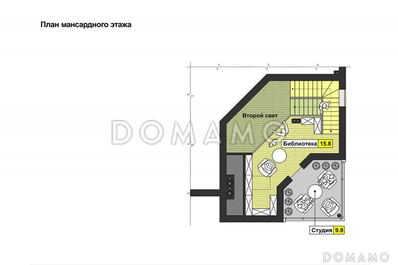 Проект квадратного загородного дома с большой гостиной, кухней-столовой, двумя террасам, комнатой с видовым окном / План мансардного этажа
