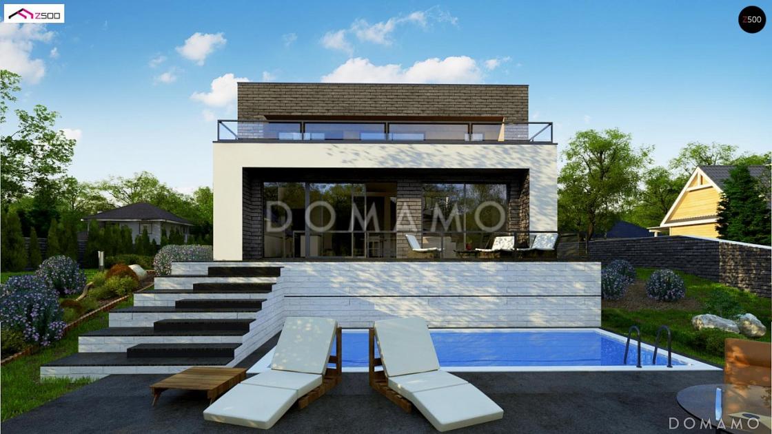 Проект современного двухэтажного дома из кирпича с плоской крышей, с четырьмя комнатами, гаражом и террасами на двух уровнях / 6