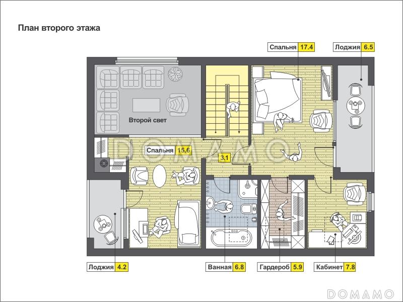 Проект загородного дома из панелей СИП с открытой террасой, небольшой кухонной зоной, вторым светом, балконом и лоджией / План мансардного этажа