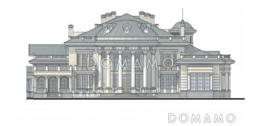 Проект просторного коттеджа с бассейном, бильярдной и парадной гостиной / Фасад 3