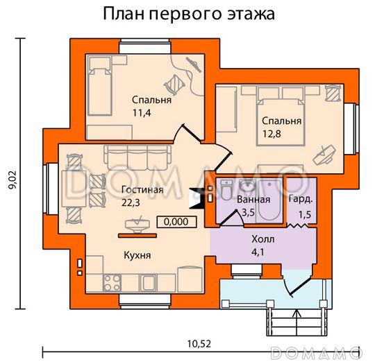 Проект одноэтажного дома из кирпича с многощипцовой крышей / План 1 этажа