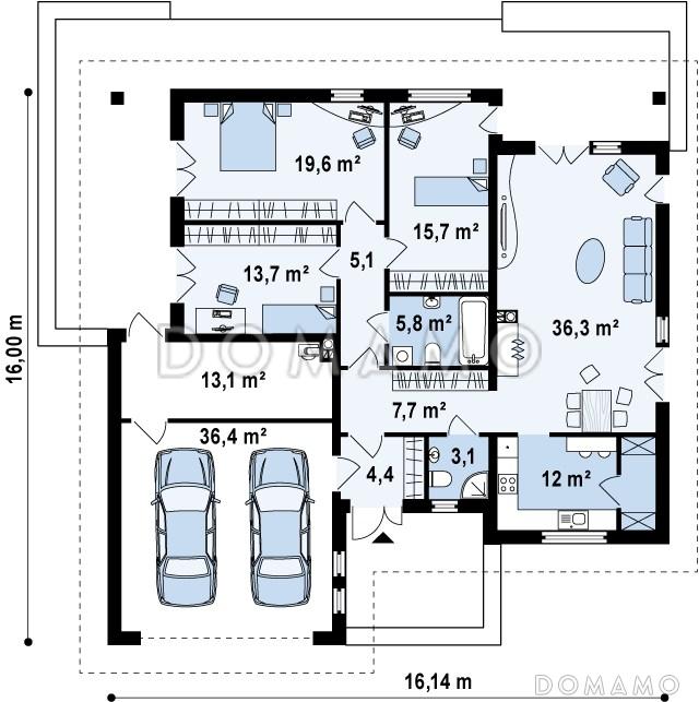 Проект одноэтажного дома из кирпича с выходом на террасу из гостиной и двух спален и с гаражом на два автомобиля / План 1 этажа