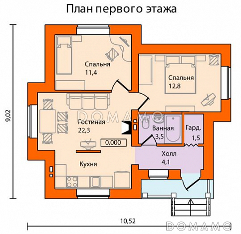 Проект одноэтажного дома из кирпича с многощипцовой крышей / План 1 этажа Проект одноэтажного дома из кирпича с многощипцовой крышей / План 1 этажа