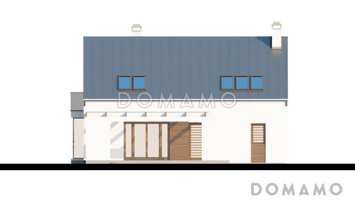 Проект одноэтажного мансардного дома из кирпича со стеклянным эркером в кухонной зоне, балконом над ним и гаражом / Фасад 3