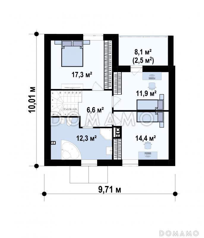 Проект загородного дома с камином, просторной гостиной, балконом, большой ванной с окном на мансарде / План мансардного этажа
