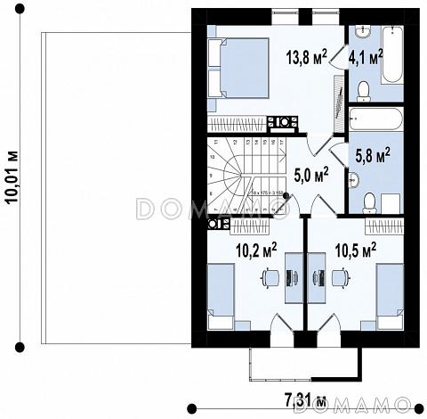 Проект одноэтажного мансардного дома из кирпича с тремя спальнями, кабинетом и гаражом  / План мансардного этажа