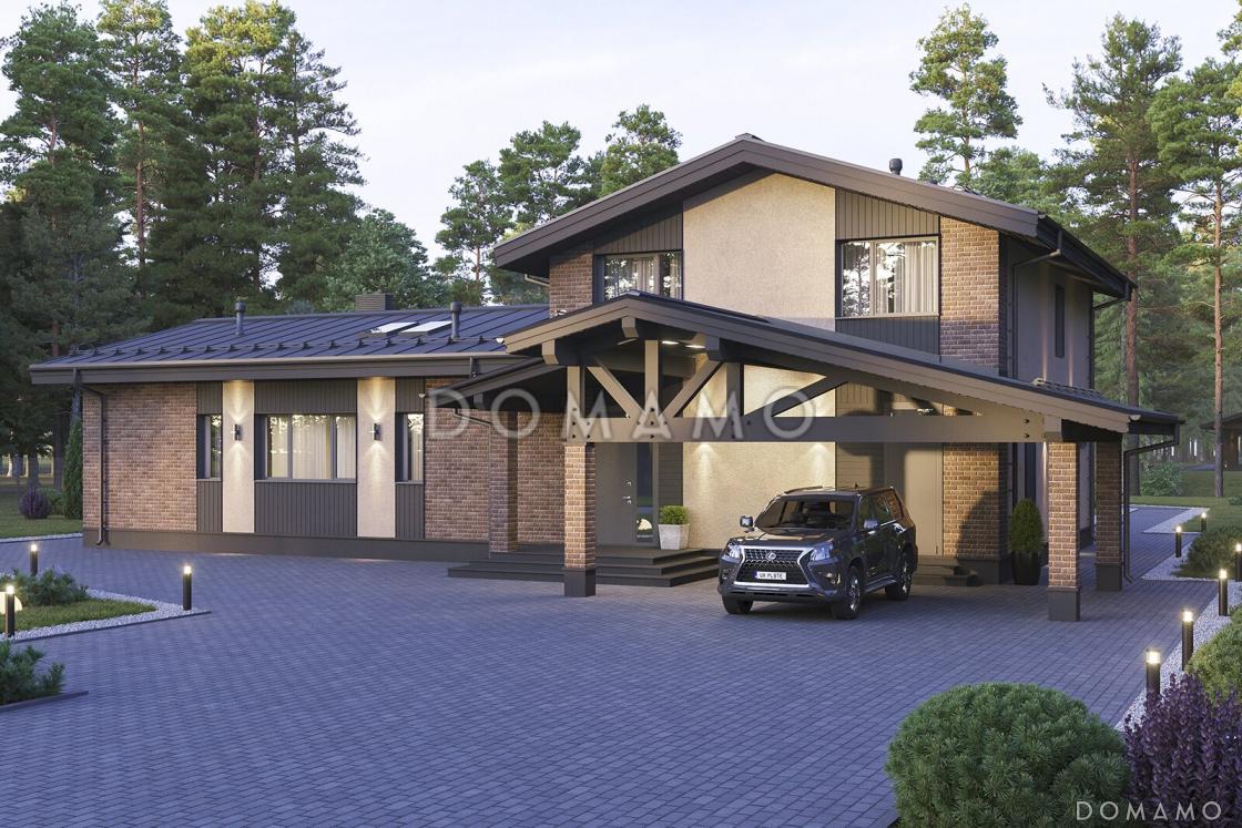Проект кирпичного дома с мансардой, террасой барбекю и сауной / 1