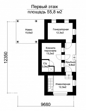 Проект одноэтажного дома вспомогательного назначения с подвалом и комнатой персонала  / План 1 этажа Проект одноэтажного дома вспомогательного назначения с подвалом и комнатой персонала  / План 1 этажа