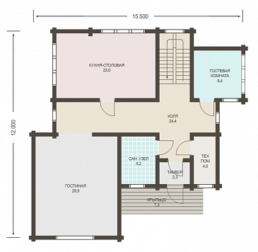 Проект дома из клееного бруса с изолированной кухней-столовой / План 1 этажа Проект дома из клееного бруса с изолированной кухней-столовой / План 1 этажа