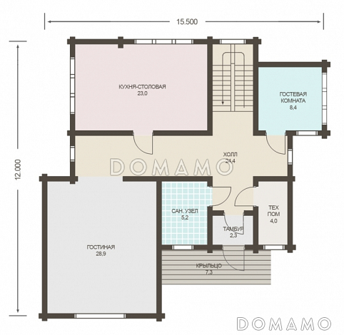 Проект дома из клееного бруса с изолированной кухней-столовой / План 1 этажа Проект дома из клееного бруса с изолированной кухней-столовой / План 1 этажа