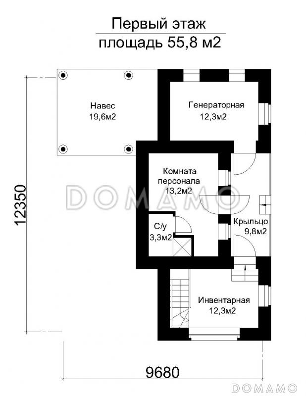 Проект одноэтажного дома вспомогательного назначения с подвалом и комнатой персонала  / План 1 этажа