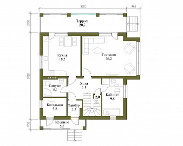 Проект двухэтажного коттеджа с террасой и двумя балконами / План 1 этажа