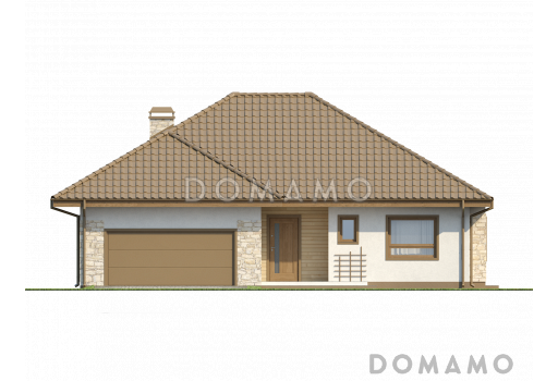 Проект одноэтажного дома с эркером и гаражом из газобетона со свободной планировкой мансардного этажа  / Фасад 1