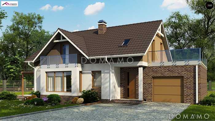 Проект одноэтажного дома с мансардным этажом из кирпича с кабинетом, гаражом и террасой над ним