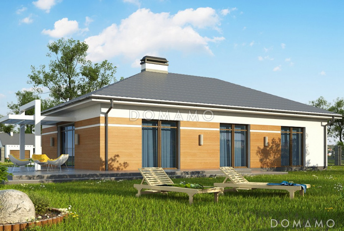 Проект углового одноэтажного дома из газобетона с облицовкой классических фасадов деревянной вагонкой и с гаражом на два автомобиля Проект углового одноэтажного дома из газобетона с облицовкой классических фасадов деревянной вагонкой и с гаражом на два автомобиля