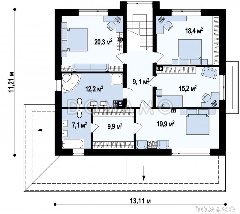 Проект современного двухэтажного дома из газобетона с четырьмя спальнями, сауной и большим гаражом / План 2 этажа