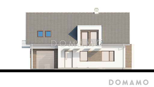 Проект одноэтажного мансардного дома из газобетона с эркером в кухонной зоне, вертикальным мансардным окном и гаражом / Фасад 4