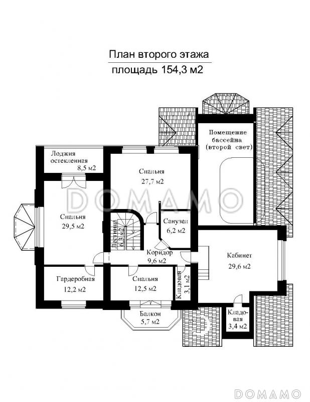 Проект импозантного особняка с гаражом на две машины, бассейном и тренажерным залом / План 2 этажа