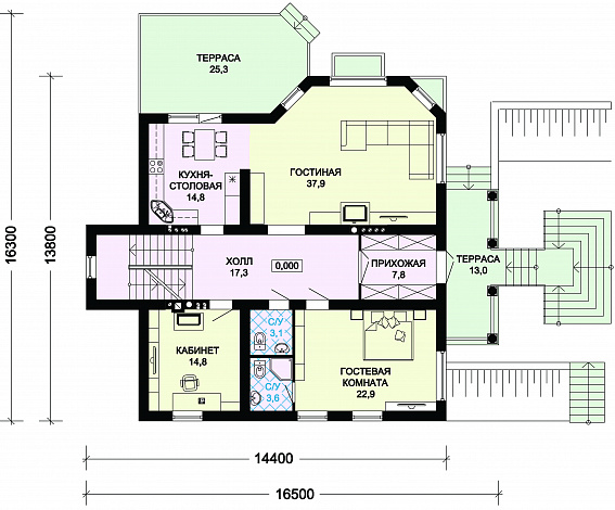 Проект особняка из пеноблоков с цокольным этажом / План 1 этажа