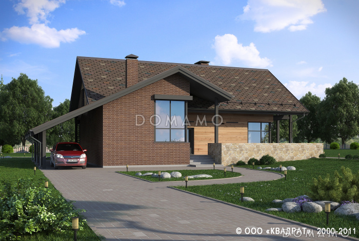 Проект дома с навесом на две машины, двумя террасами, гостиной с камином, спальней на первом этаже, балконом