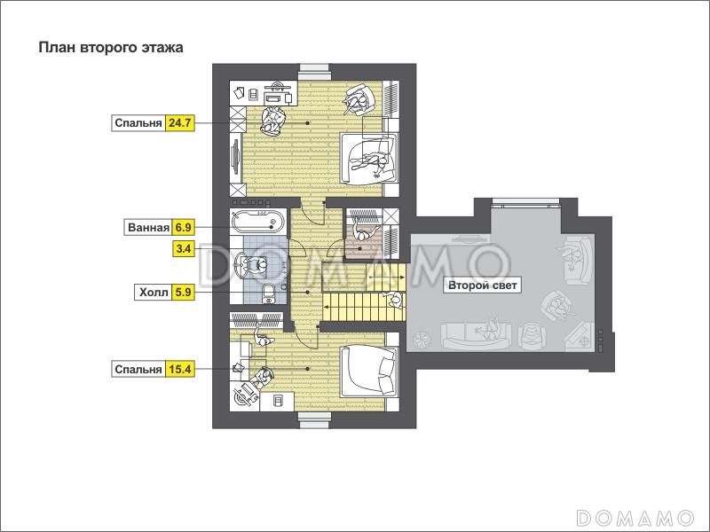 Одноэтажный дом с полукруглой террасой, просторной гостиной и кухней-столовой / План мансардного этажа