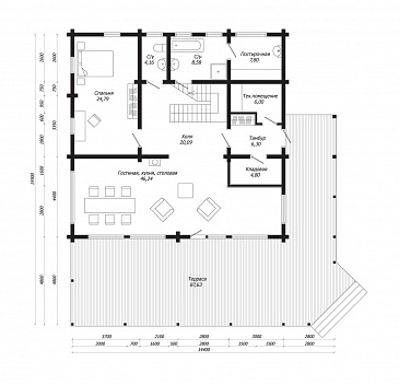 Проект дома из клееного бруса в стиле скандинавского шале с цокольным этажом / План цокольного этажа Проект дома из клееного бруса в стиле скандинавского шале с цокольным этажом / План цокольного этажа