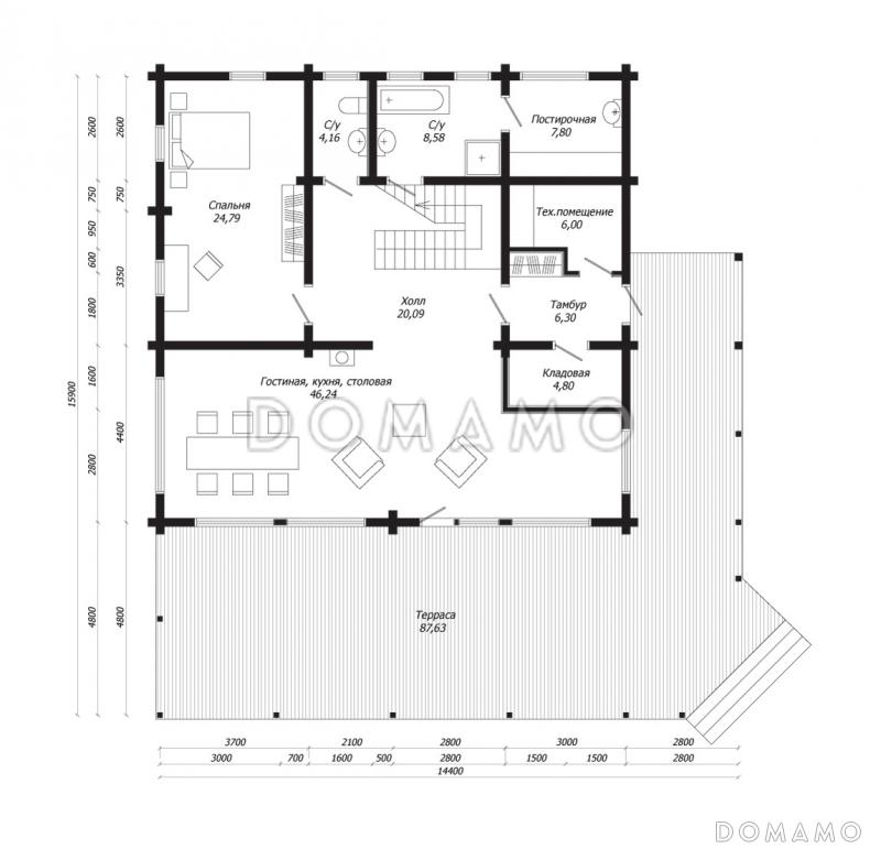 Проект дома из клееного бруса в стиле скандинавского шале с цокольным этажом / План цокольного этажа