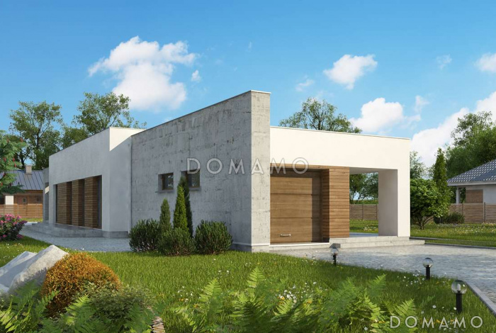 Проект современного одноэтажного дома из кирпича для узкого участка с плоской крышей с тремя спальнями и гаражом