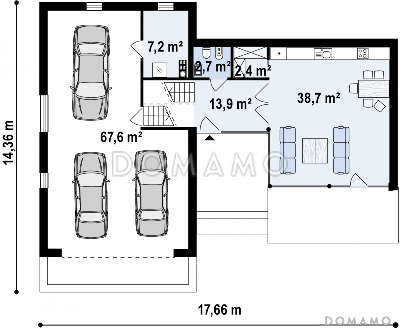 Проект современного двухэтажного дома из газобетона с плоской крышей, с двумя спальнями и подземным гаражом / План 1 этажа