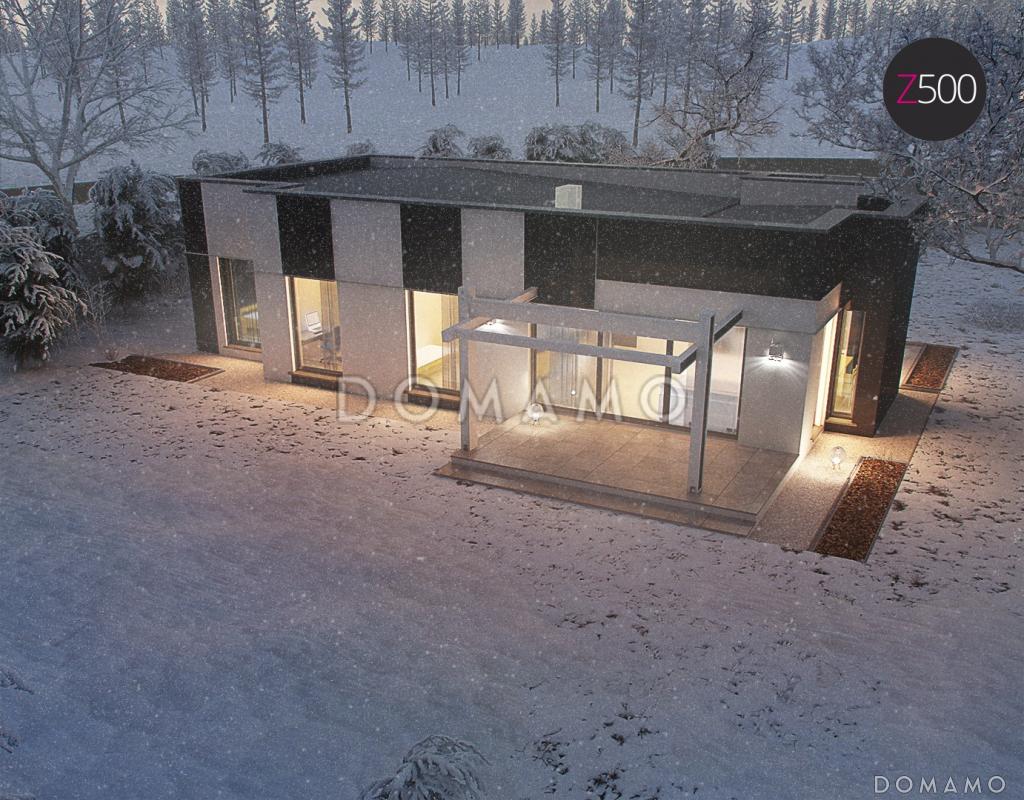 Проект современного одноэтажного дома из кирпича со светлой просторной гостиной и тремя спальнями в стиле хай-тек / 1