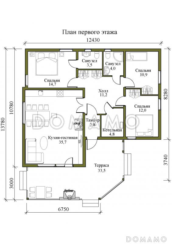 Проект одноэтажного дома с камином внутри и барбекю на террасе под крышей / План 1 этажа