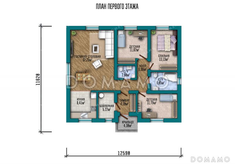 Проект простого одноэтажного дома с тремя спальнями и гостиной-столовой / План 1 этажа