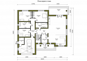 Проект одноэтажного дома с мансардой и треугольными окнами на крыше / План 1 этажа Проект одноэтажного дома с мансардой и треугольными окнами на крыше / План 1 этажа