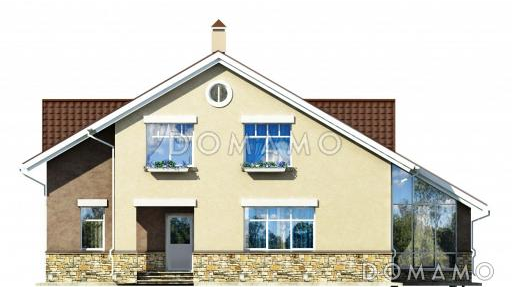 Проект загородного дома с темно-коричневой двускатной крышей и просторной гостиной с камином / Фасад 3