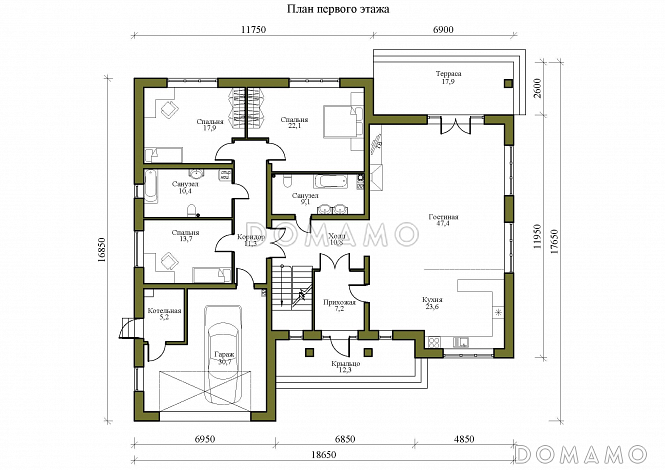 Проект одноэтажного дома с мансардой и треугольными окнами на крыше / План 1 этажа Проект одноэтажного дома с мансардой и треугольными окнами на крыше / План 1 этажа