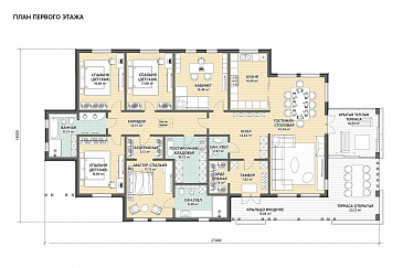 Проект дома с мастер-спальней, просторной дневной зоной, кабинетом и тремя детскими / План 1 этажа Проект дома с мастер-спальней, просторной дневной зоной, кабинетом и тремя детскими / План 1 этажа
