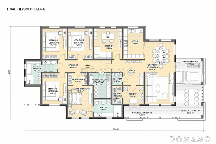 Проект дома с мастер-спальней, просторной дневной зоной, кабинетом и тремя детскими / План 1 этажа Проект дома с мастер-спальней, просторной дневной зоной, кабинетом и тремя детскими / План 1 этажа